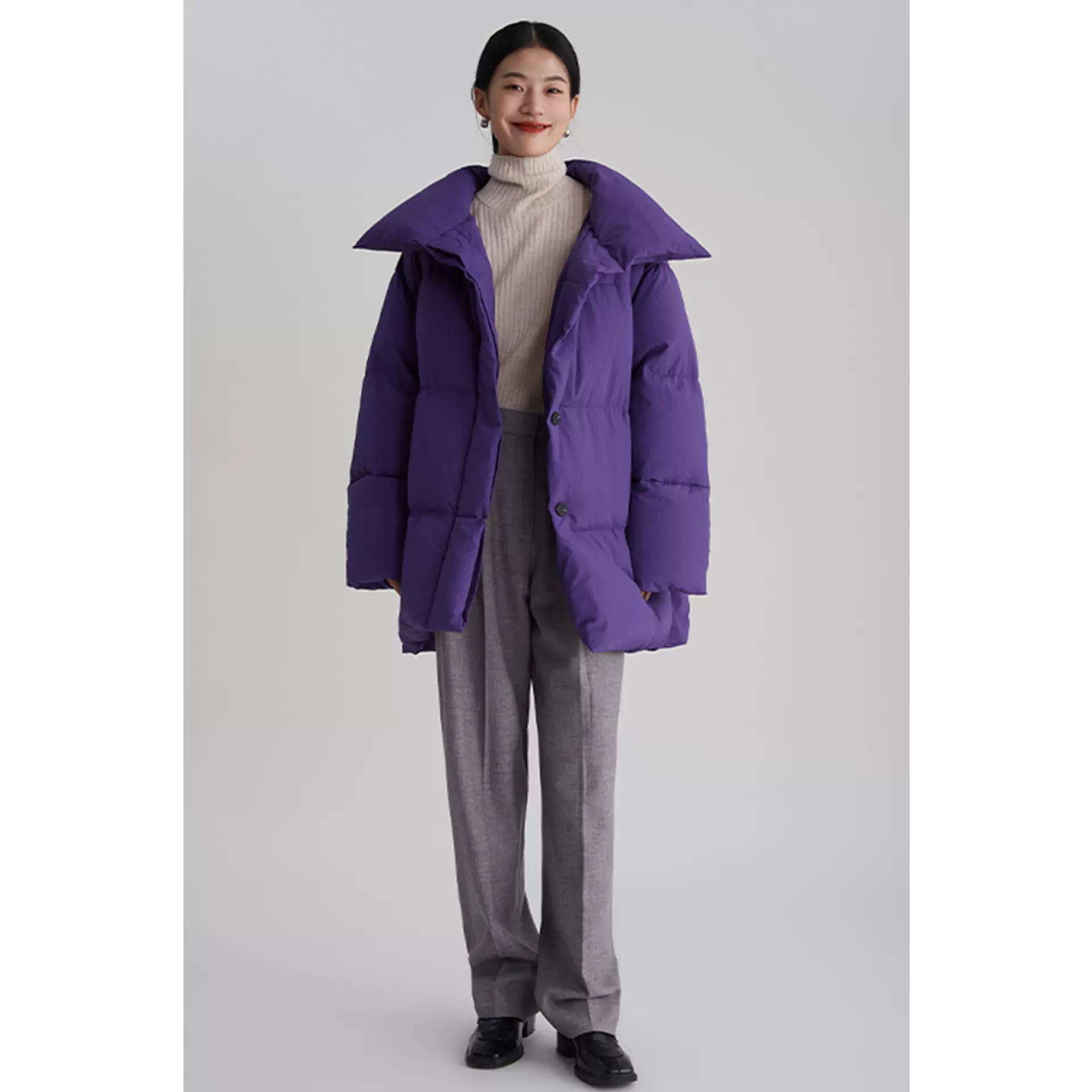 冬简约大翻领时髦温暖蓬松中长款韩国羽绒服中长女外套