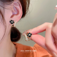 法式复古轻奢冷淡风黑色玫瑰耳钉银针滴釉花朵锆石气质耳饰水晶