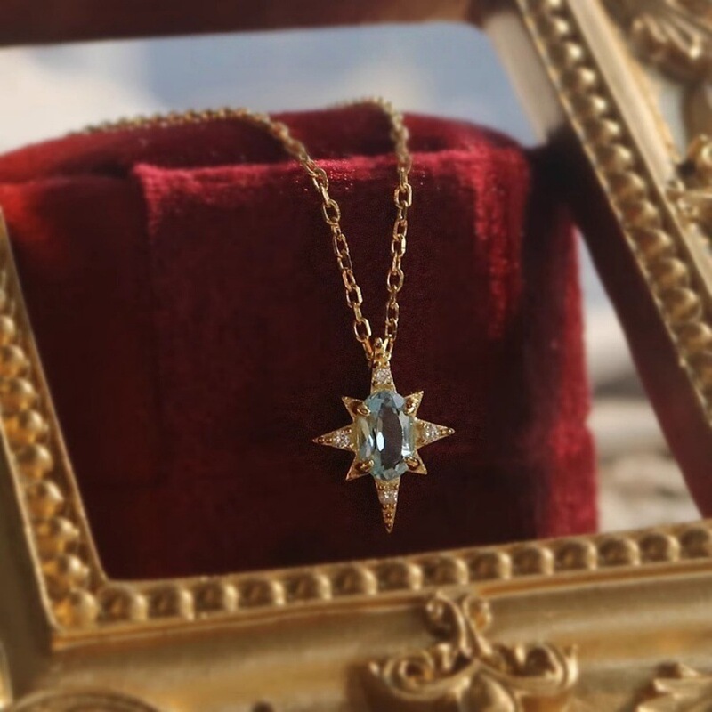 ヒトヒトデフレンチブルージルコン八芒星ネックレスレディースライトラグジュアリーレトロ鎖骨チェーンシンプルハイエンドネックレス|undefined