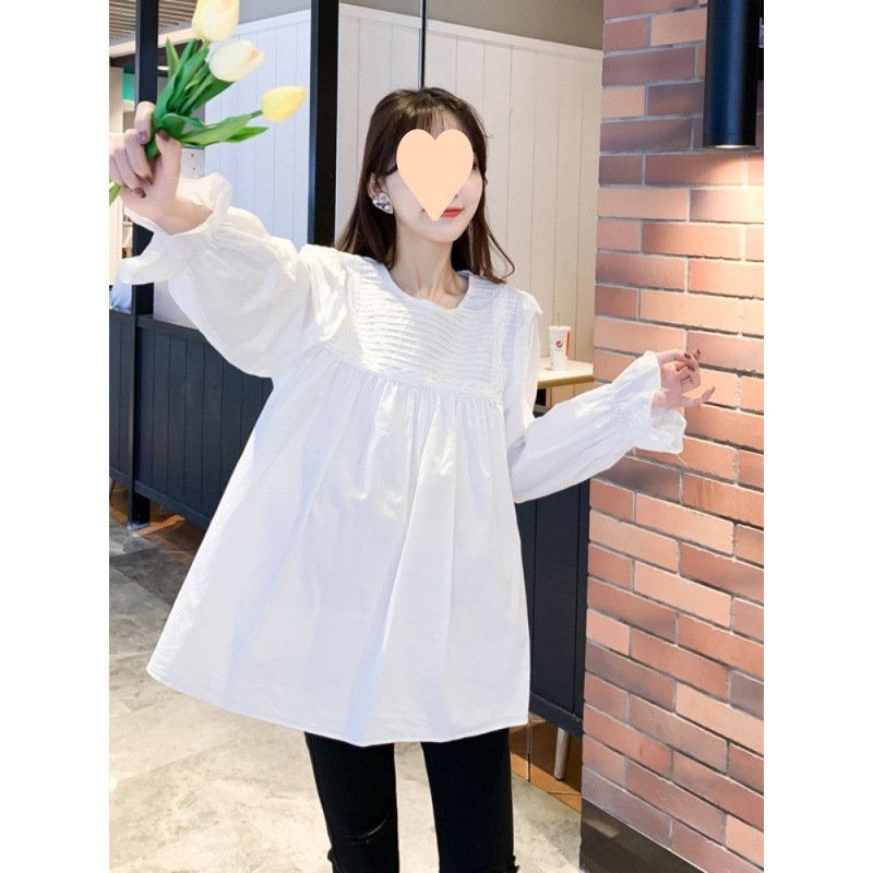 Plus Size Women's Maternity Shirt Spring Dress with Ruffled Round Neck, Pleated Loose Babydoll Shirt, Princess Style Top for Women