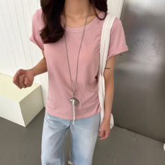 四季青婦人服韓国版の正規品の小さい人は、やせている丸首の純色の半袖tシャツの女性に鎖の上着をつけます。