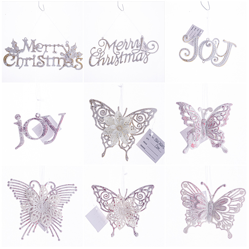 INS plástico personalizado oro rosa inglés celebración lema Navidad escena Pavo Real colgante mariposa libélula regalo al por mayor