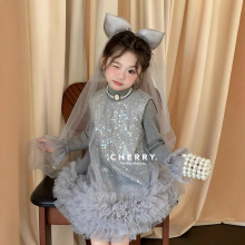 女童秋冬新款连衣裙儿童礼服裙亮片背心公主裙tutu裙加绒送头纱
