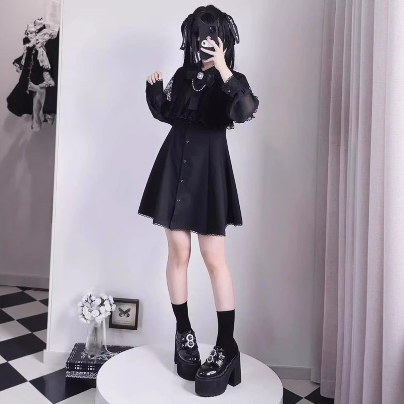 Japanese-Style Sweet Girl Pure Desire Style Clear and Fresh Style Shawl Lace Bow Chiffon Long-Sleeve Short Dress