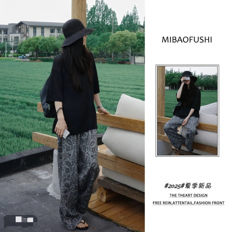 The picture has been processed 2025 summer pregnant women ice silk elastic T-shirt + floral casual straight leg pants