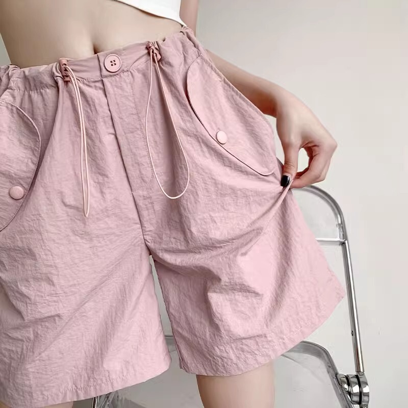 Pink Workwear Shorts Women's Summer Thin High Waist Casual Wide Leg Pants Short Quick-drying American Sports Pants Pink Workwear Shorts Women's Summer Thin High Waist Casual Wide Leg Pants Short Quick-drying American Sports Pants