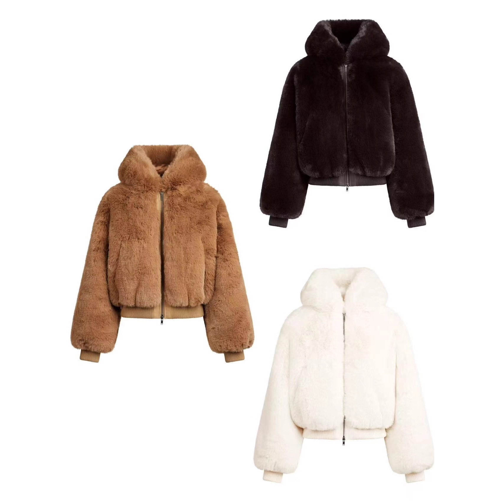 Skims 25 New Winter Women's Hooded Imitation Fur Warm and Easy to Wear Plush Environmentally Friendly Fur Zipper Jacket