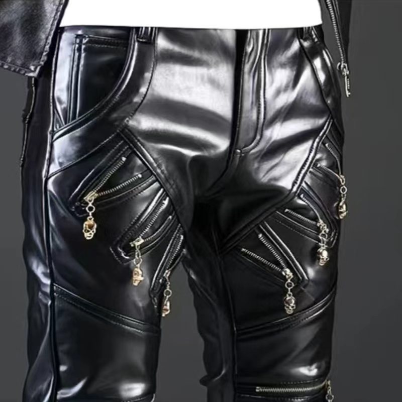 Men's Leather Motorcycle Slim-Fit Korean Style Pu Full Leather Pants for Teenagers