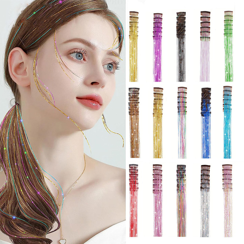 Cross-border Hot Color Bright Silk One-piece Traceless Hair Ticking and Dyeing Flash Gold Silk Colorful Laser Silk Color Strip Wig
