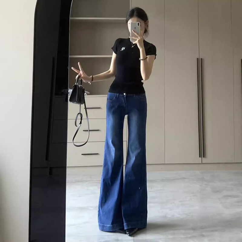 American-style Micro-la Low-rise Jeans Classic Blue Loose Meat Covering Slim Elegant All-match Dipped Feet Covering Pants