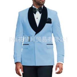 新款亚马逊男士西装休闲双排扣套装两件套修身款商务宴会伴郎服
