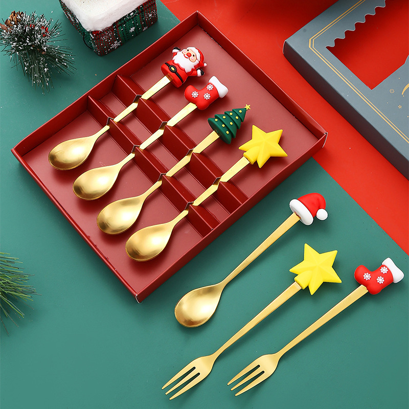 クリスマススプーンセット クリスマス食器ギフト2点セット デザートスプーンとフォーク サンタクロースとトナカイのフィギュア付きスプーン|undefined