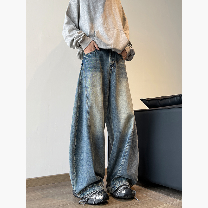 American-Style Wide-Leg Curved Jeans for Men, Spring and Autumn Trendy Brand Long Pants, Straight Casual Loose Baggy Floor-Length Pants for Men