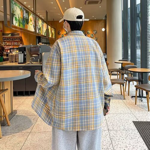 American retro sanded plaid shirt, men's organ pocket, vintage vintage, lazy long-sleeved shirt and coat