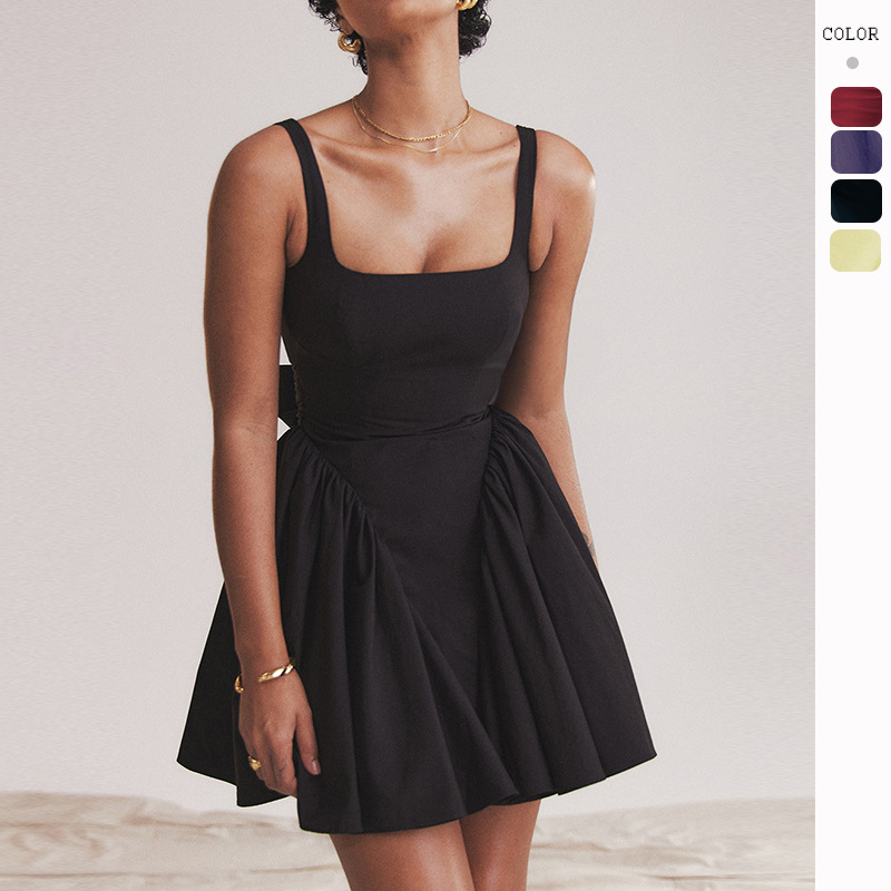 Amazon European and American 2026 Spring/Summer French-Style High-End Solid Color Bow Backless Spaghetti Strap Dress for Women