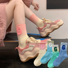 粉色漸變色襪子女棉秋冬外穿字母G中筒襪日韓搭老爹鞋鯊魚褲長襪