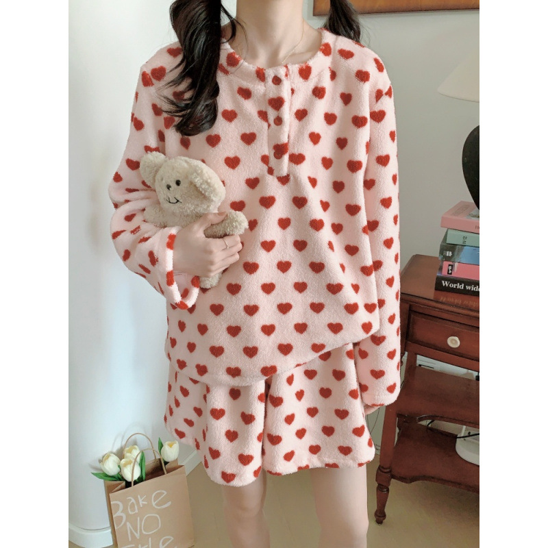 2025 韩国ins秋冬新款加绒加厚睡衣套装爱心长袖短裤居家服潮