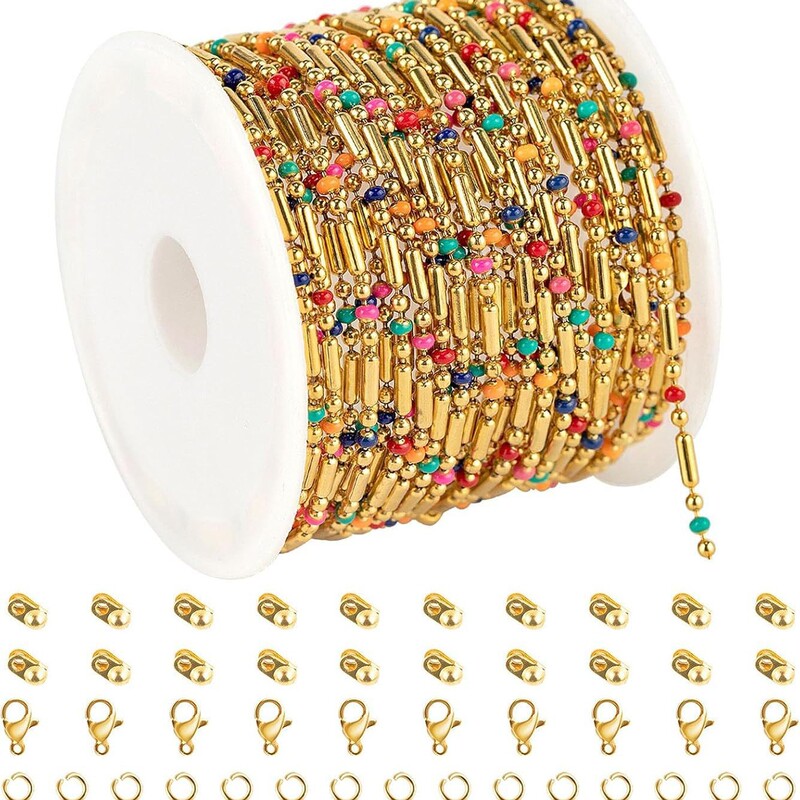 Cross-Border Hot-Selling Items: Gold-Plated Chain for Jewelry Making, Stainless Steel Ball Chain with Jump Rings and Lobster Clasps