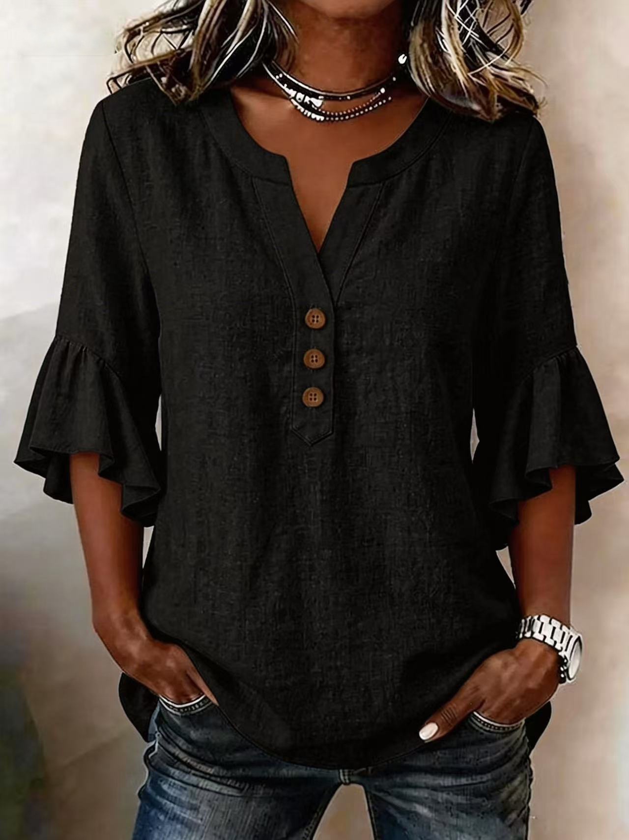 Women's Clothing Women's Solid Color V Neck Top Three Quarter Sleeve Ruffled Casual Cotton And Linen Blend For Formal & Casual For Women_ecoleips.com