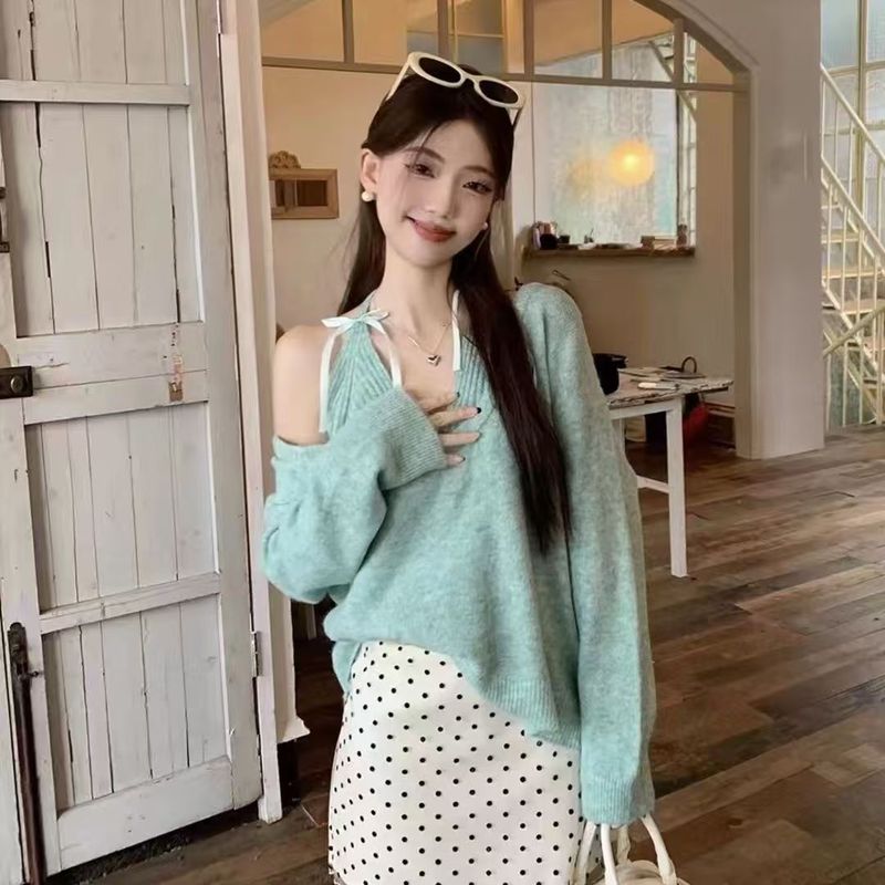 纯欲挂脖吊带针织衫毛衣女装秋冬新款宽松显瘦外搭长袖上衣两件套|undefined