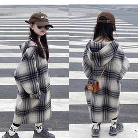 女童毛呢大衣2025新款秋冬韩版中长款洋气格子外套加厚毛呢大衣潮