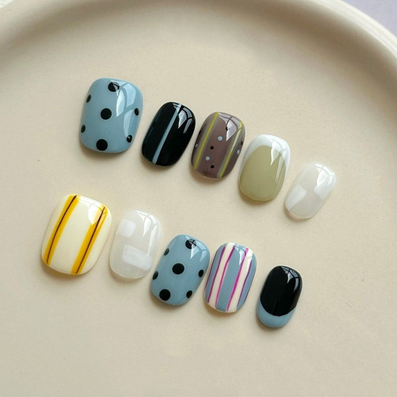 Morandi color-blocking press-on nails with simple artistic lines and contrasting polka dots, beautiful fake nail patches, direct wholesale from cross-border factory Morandi color-blocking press-on nails with simple artistic lines and contrasting polka dots, beautiful fake nail patches, direct wholesale from cross-border factory