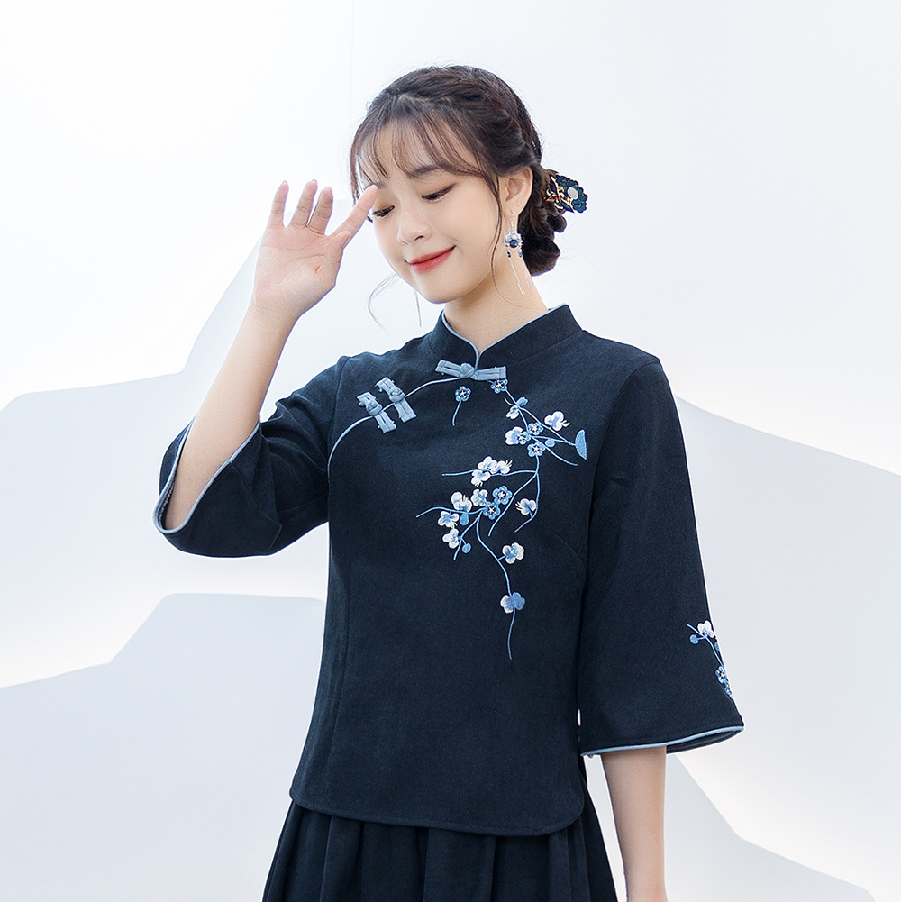 Republic of China Style Student Female Retro Autumn Embroidered Vertical Collar Buckle Chinese Zhongshan Suit Girlfriend Han Element Orchid Two-Piece Set