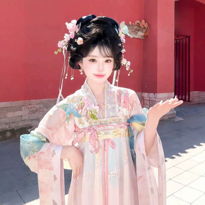 【Zhaoying】Original new design pink iridescent embroidered chest-high skirt with gradient color cross-collar shirt, Tang Hanfu women's long dress