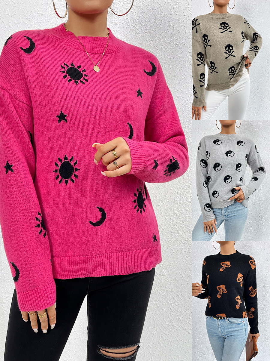 Transfronteriza Amazon jacquard cuello redondo suéter de punto para las mujeres 2023 otoño e invierno nuevo cráneo Halloween suéter image 3