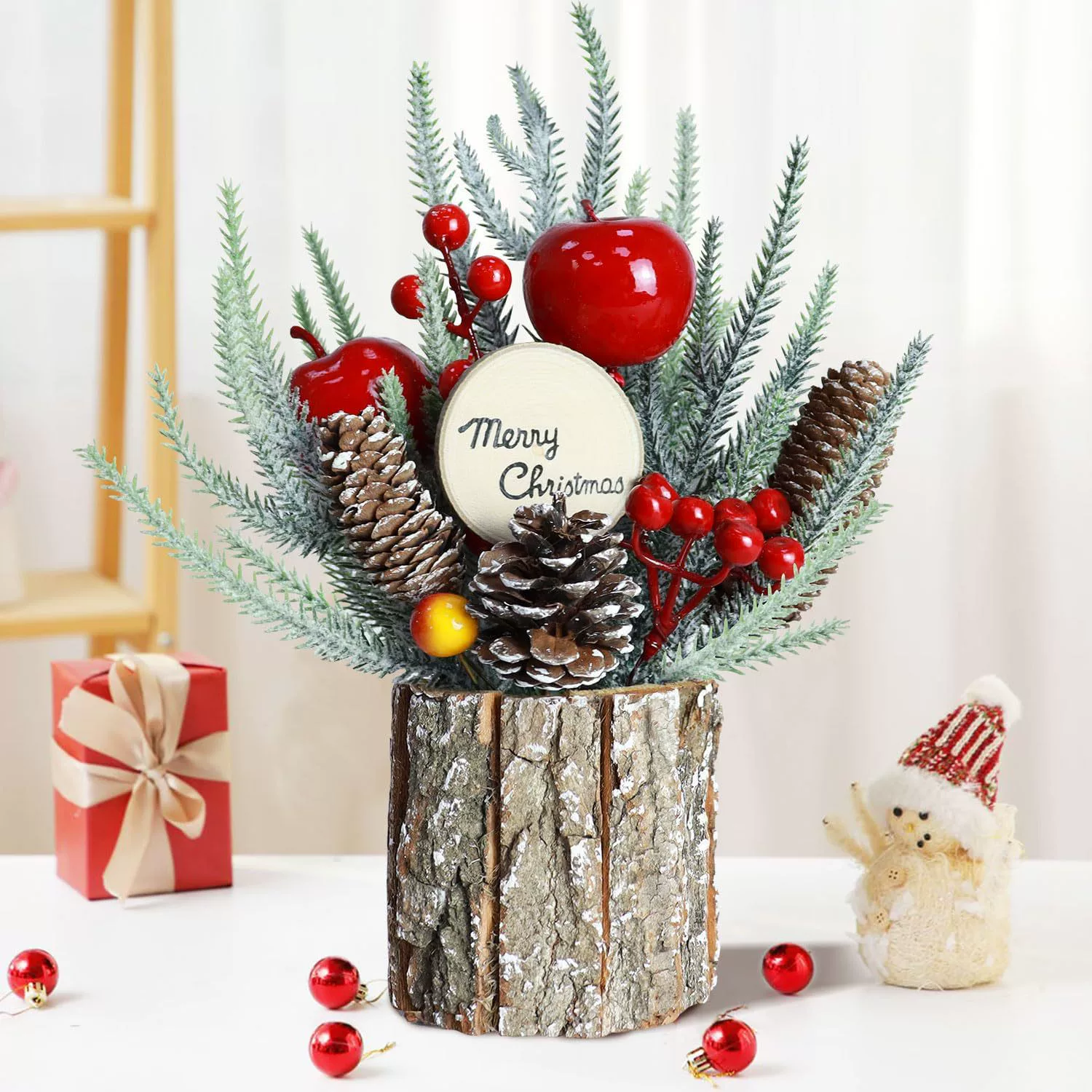 small decorative Christmas tree (bark base), tabletop floral ornament, 25×15×12 cm, light variants