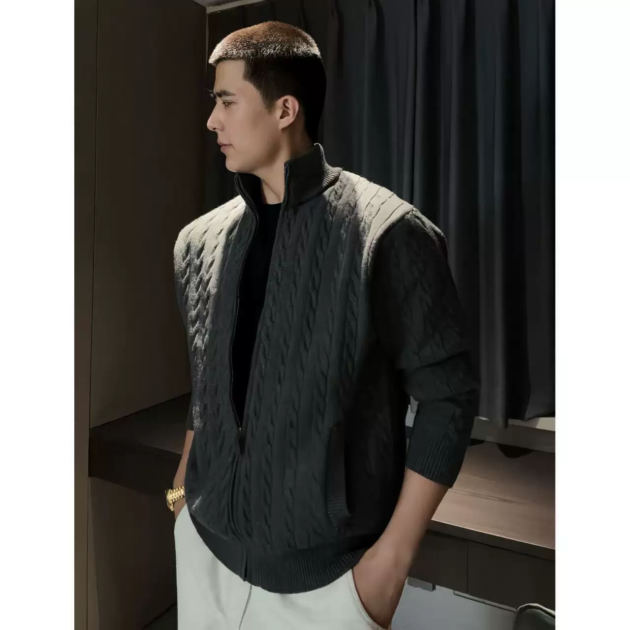 美式复古绞花浮雕针织开衫毛衣男2025春秋季新款休闲立领开衫外套