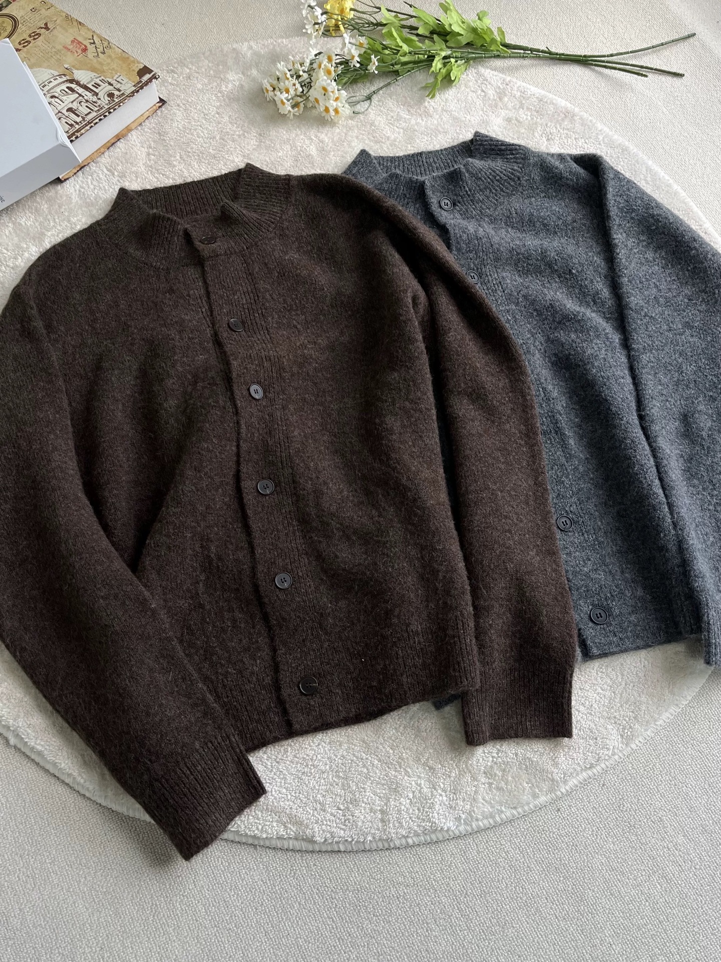 High quality floral yarn wool blend half turtleneck sweater cardigan…