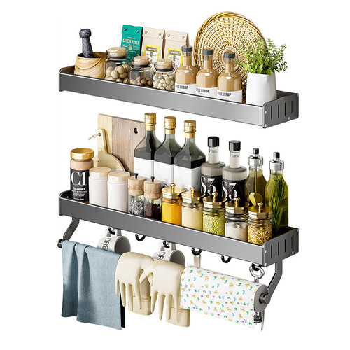 Gun gray kitchen storage rack, punch-free wall-mounted seasoning supplies collection, knife holder hanger, multi-functional storage rack