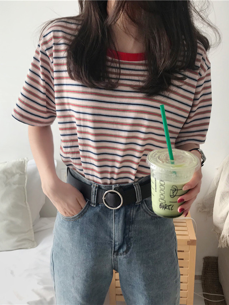 T-shirt estiva a maniche corte a righe da donna, nuova camicia base in versione coreana, top, abbigliamento da donna oversize_voghion.com