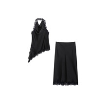 欧美外贸批发2025夏新款女装挂脖领蕾丝上衣+时尚半身裙+套装+女