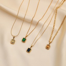蓝绿香槟钛钢镀18K色宝石项链女欧美复古嘻哈项链情侣锁骨链饰品