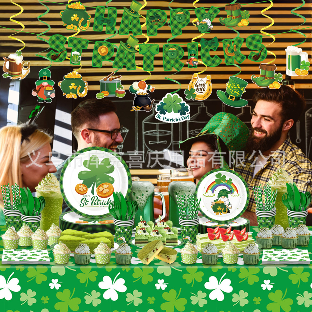 Nuevo día de San Patricio decoración del partido suministros trébol irlandés placa papel tejido mantel decoración traje