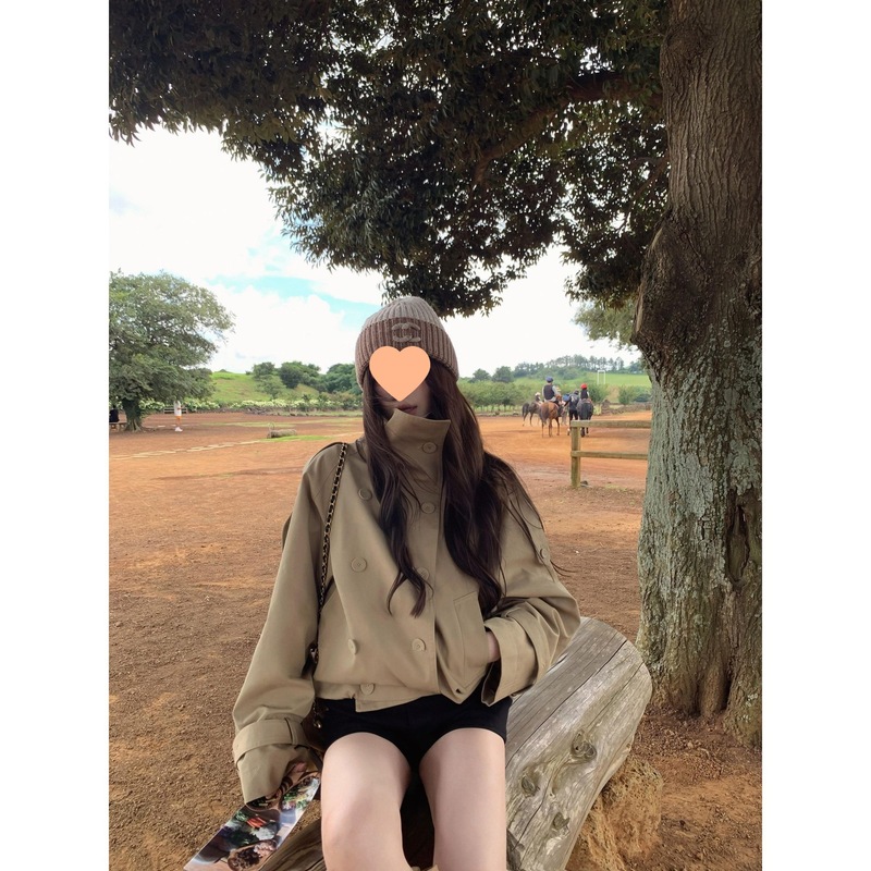 2025英伦风立领短款风衣女装秋季法式复古双排扣宽松休闲外套上衣|undefined