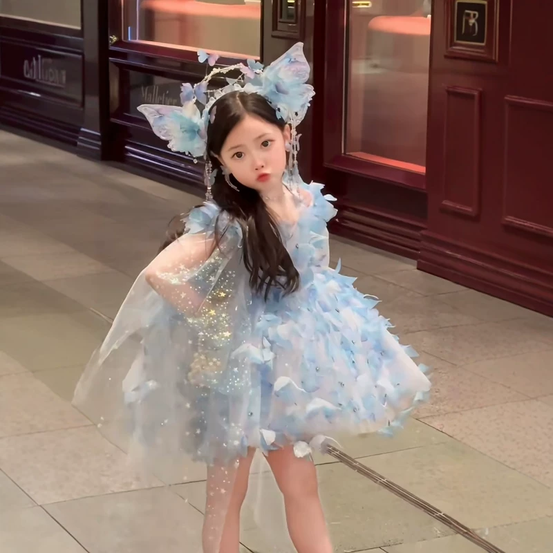 Mädchen blaues Schmetterlings-Geburtstags-Prinzessinnen-Tutu-Kleid, Kinder-Gastgeberinnen-Modisches Kinderkleid, Neu eingetroffen, Baby-Mädchen-Kleidung (0-3 Jahre)_voghion.com
