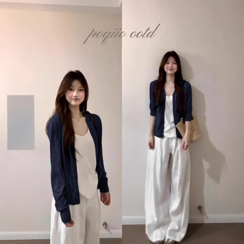 Navy Blue Sun-Protective Cardigan for Women, Summer Camisole Set, Lightweight Tencel Cover-Up Top, Outer Layer with Lyocell Air-Conditioning Shirt Navy Blue Sun-Protective Cardigan for Women, Summer Camisole Set, Lightweight Tencel Cover-Up Top, Outer Layer with Lyocell Air-Conditioning Shirt