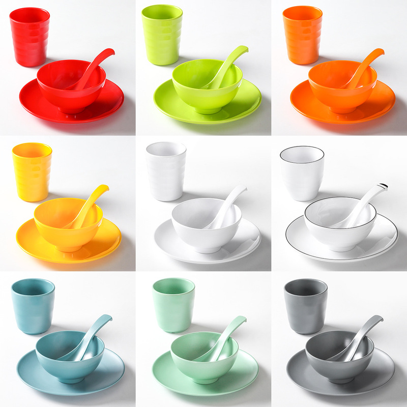 Melamine Tableware Small Bowl Restaurant Hotel Table Setting Four-Piece Set Commercial Imitation Porcelain Hot Pot Restaurant Colorfulful Dishes and Plates Set