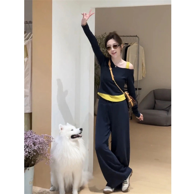 早秋时尚洋气穿搭女不规则露肩修身长袖上衣百搭休闲裤两件套装潮|undefined
