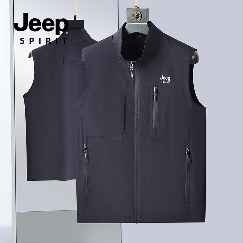 Jeep spirit Outdoor Casual Short Collar Vest 2025 Spring and Summer New Fishing Camping Light Jacket for Men
