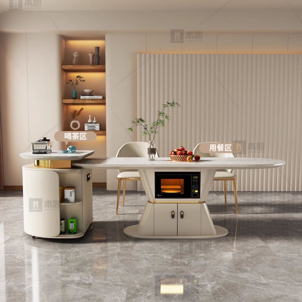 Mesa de mesa de mesa de isla de roca, horno de microondas doméstico móvil integrado, cocina de inducción, mesa de té multifuncional minimalista moderna de lujo ligero