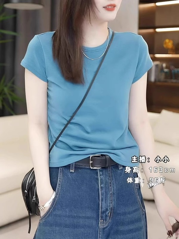 蓝色正肩短袖t恤女夏季2025新款爆款韩版休闲百搭显瘦圆领上衣潮|undefined