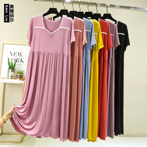 Summer Modal Short-Sleeve Dress Plus Size A-Line V-Neck Medium-Length Pleated Skirt Loose and Slimming Thin Dress