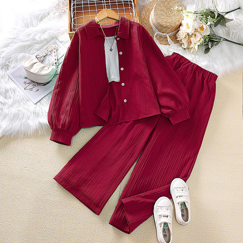 2024 Spring Girls' Clothing 10-12 Years Old Cross-border New Middle Child Collar Long Sleeve Shirt European and American Children's Set