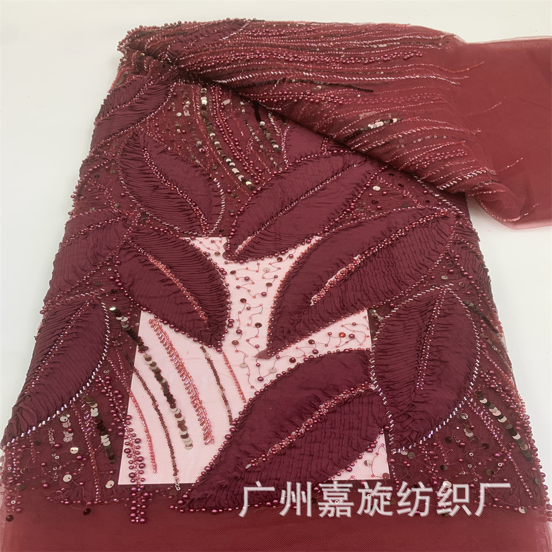Tela de gasa europea y americana con cuentas de hojas, lentejuelas y malla, con patrones florales tridimensionales para vestidos y trajes de gala, tela bordada.