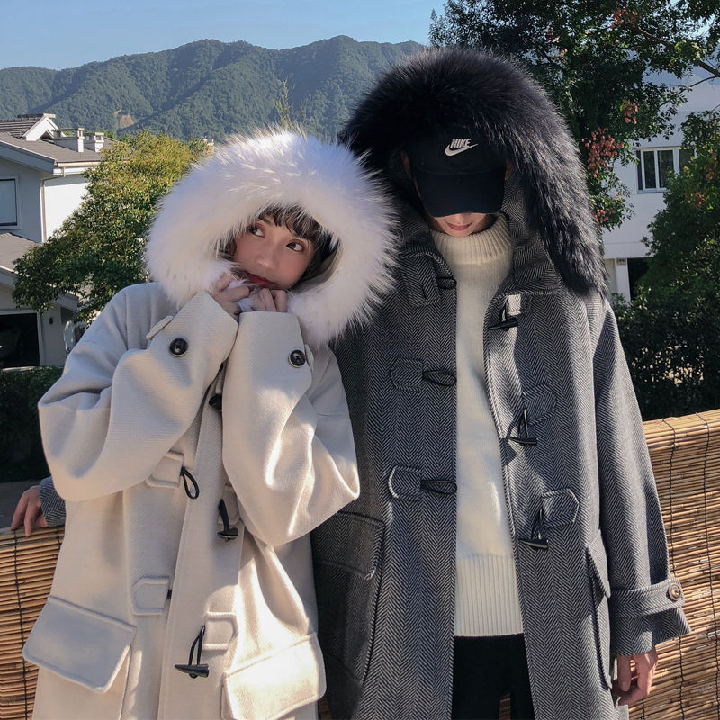 秋冬装新款 情侣装中长款呢大衣连帽毛领加厚风衣G800 P148 女类
