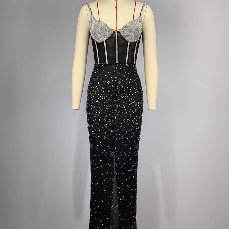 Black Sexy Backless V Strap Slim-Fit Diamond Tight Long Floor-length dress Evening Dress Women